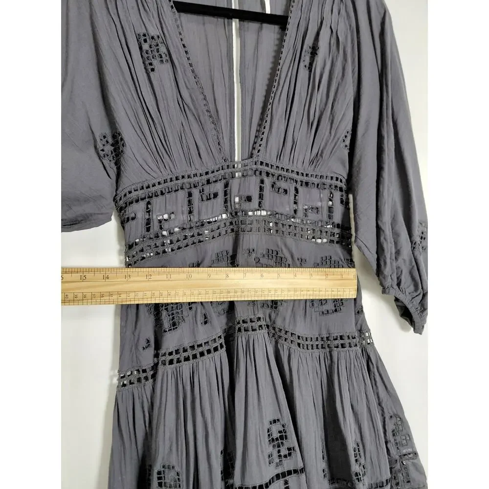 Free People Grey A-Line Short Embroidered Dress Women Size S